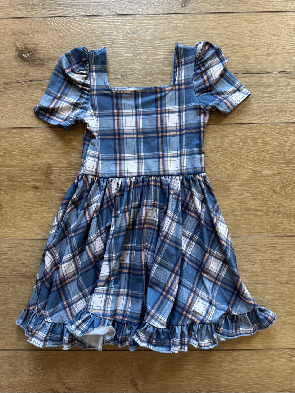 Girls Blue Plaid Puff-Sleeve Square-Neck Dress with Ruffle Hem